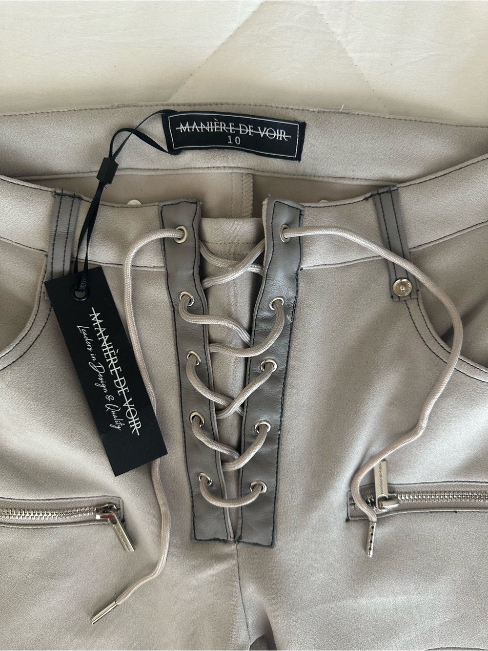 Manière De Voir Lace-Up High-Waist Pants in Light Gray